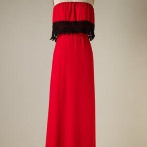 Red Strapless Maxi Dress Black Lace Flounce Long S